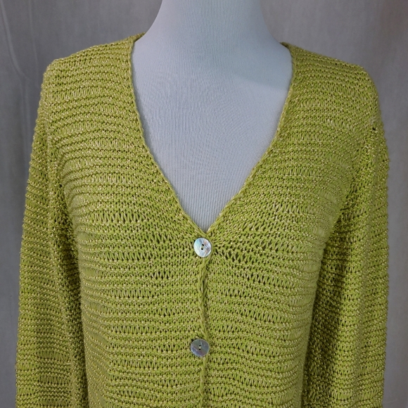 Castle of Ireland Knitwear Open Knit Lime Green Cardigan Sweater Shell Buttons M - Picture 10 of 11